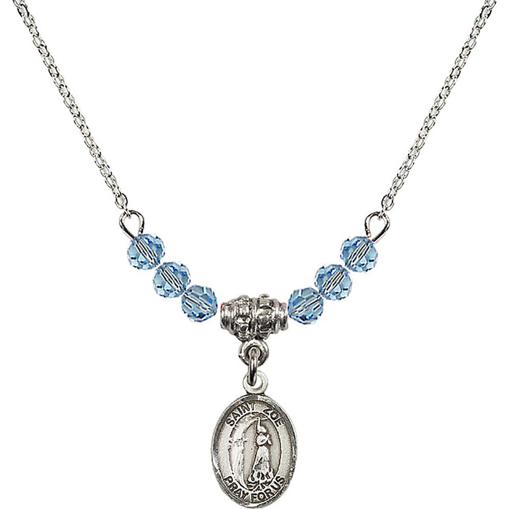 Sterling Silver Saint Zoe of Rome Birthstone Necklace with Aqua Beads - 9314
