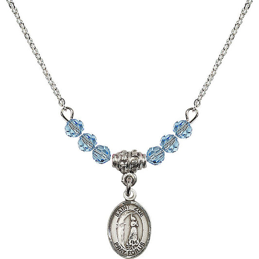 Sterling Silver Saint Zoe of Rome Birthstone Necklace with Aqua Beads - 9314
