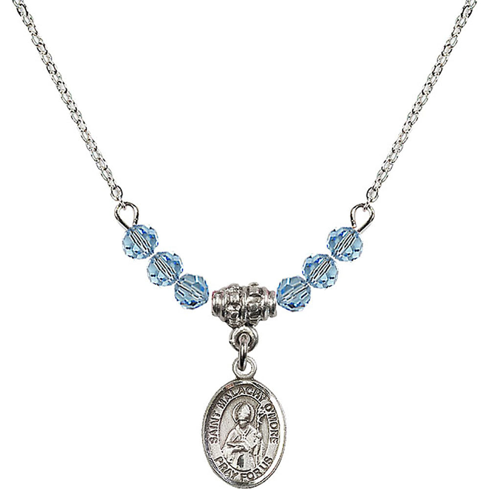 Sterling Silver Saint Malachy O'More Birthstone Necklace with Aqua Beads - 9316