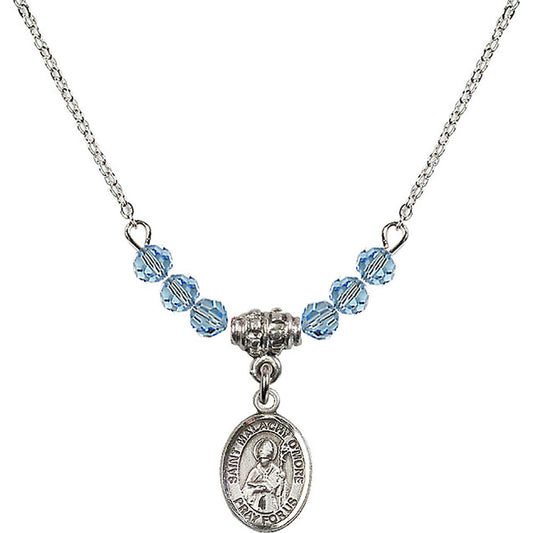 Sterling Silver Saint Malachy O'More Birthstone Necklace with Aqua Beads - 9316