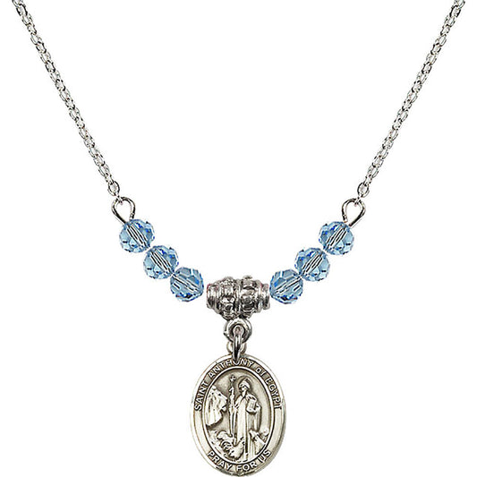 Sterling Silver Saint Anthony of Egypt Birthstone Necklace with Aqua Beads - 9317