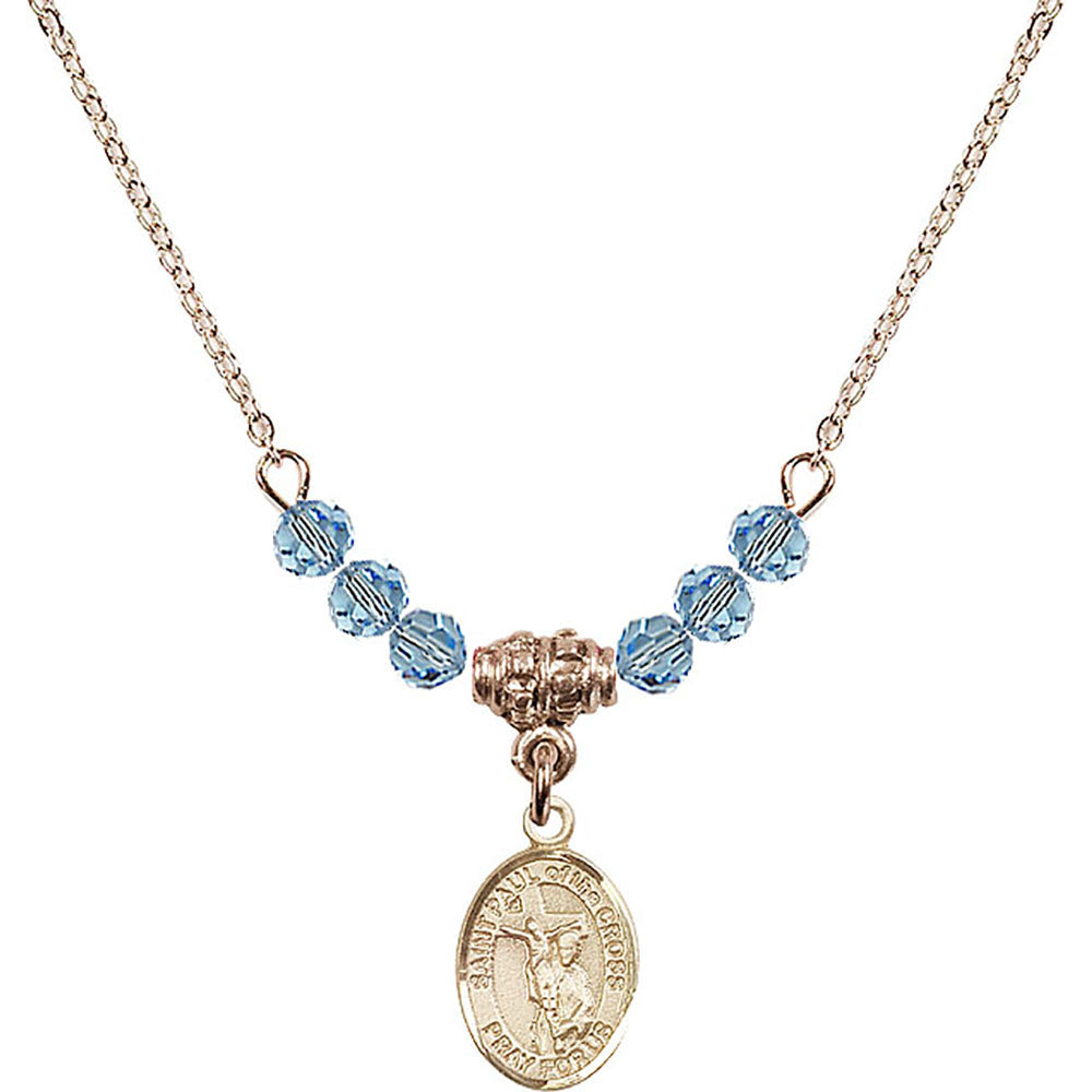 14kt Gold Filled Saint Paul of the Cross Birthstone Necklace with Aqua Beads - 9318