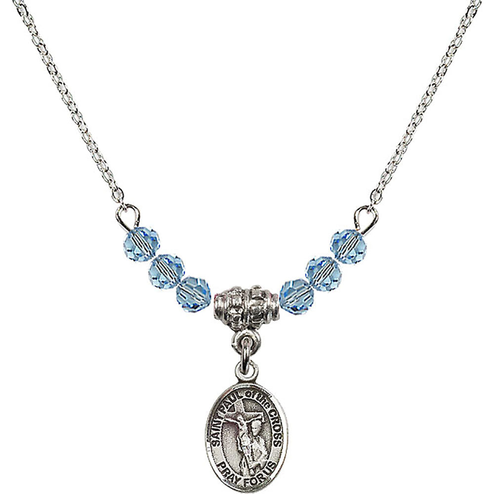 Sterling Silver Saint Paul of the Cross Birthstone Necklace with Aqua Beads - 9318