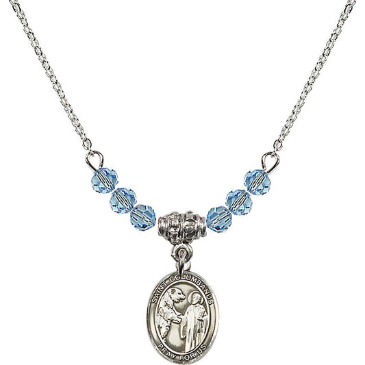 Sterling Silver Saint Columbanus Birthstone Necklace with Aqua Beads - 9321