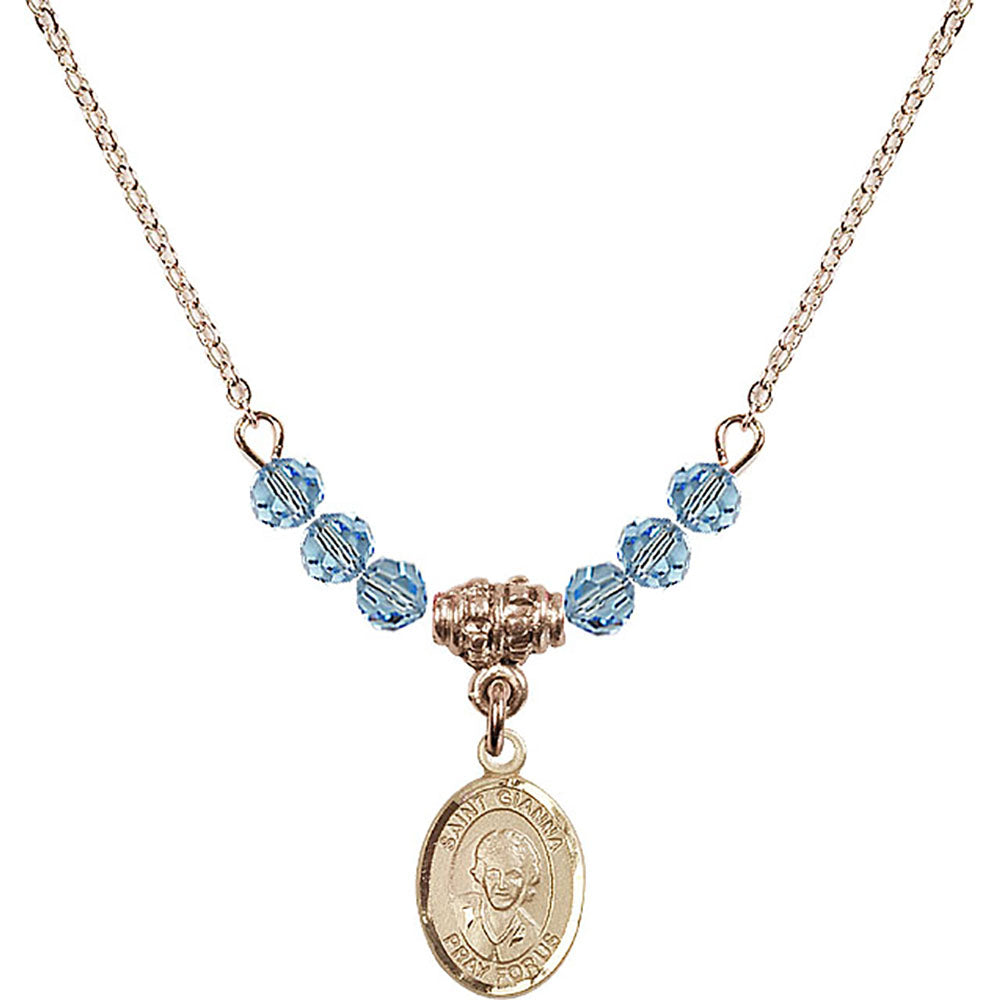 14kt Gold Filled Saint Gianna Beretta Molla Birthstone Necklace with Aqua Beads - 9322