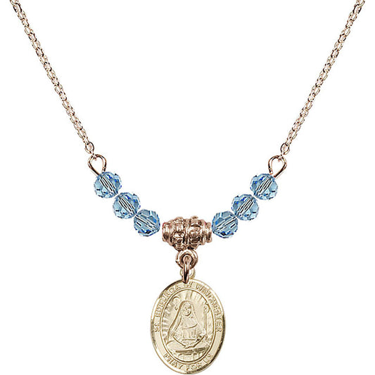 14kt Gold Filled Saint Edburga of Winchester Birthstone Necklace with Aqua Beads - 9324
