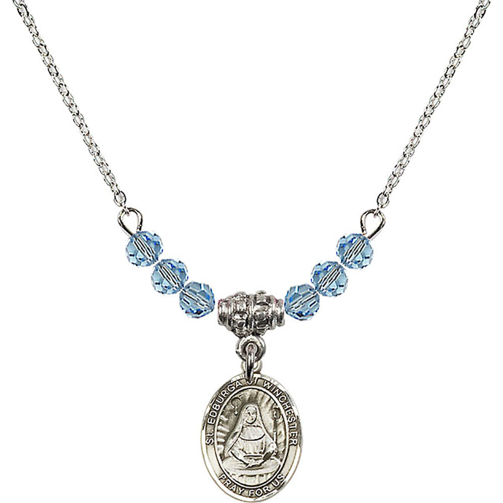 Sterling Silver Saint Edburga of Winchester Birthstone Necklace with Aqua Beads - 9324