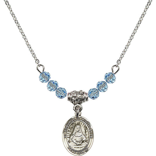 Sterling Silver Saint Edburga of Winchester Birthstone Necklace with Aqua Beads - 9324