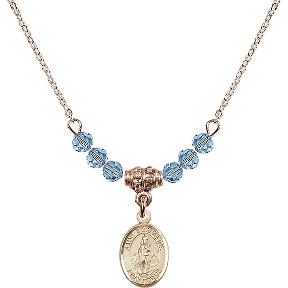 14kt Gold Filled Saint Cornelius Birthstone Necklace with Aqua Beads - 9325