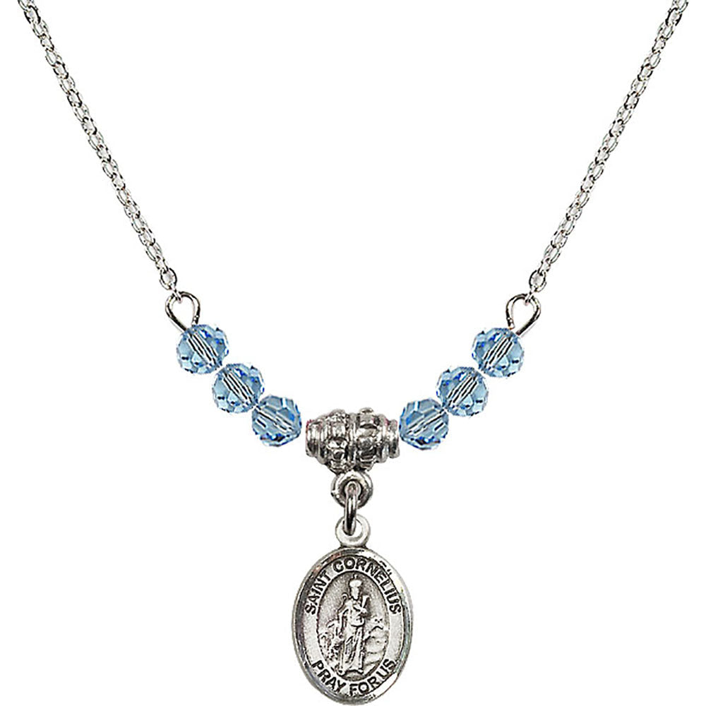 Sterling Silver Saint Cornelius Birthstone Necklace with Aqua Beads - 9325