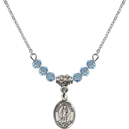 Sterling Silver Saint Cornelius Birthstone Necklace with Aqua Beads - 9325