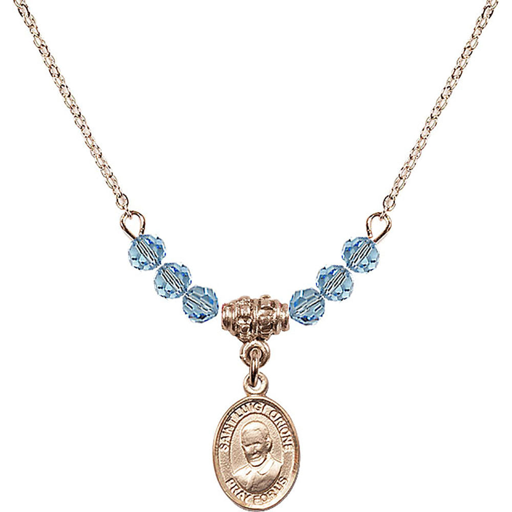 14kt Gold Filled Saint Luigi Orione Birthstone Necklace with Aqua Beads - 9326