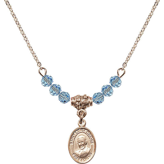 14kt Gold Filled Saint Luigi Orione Birthstone Necklace with Aqua Beads - 9326
