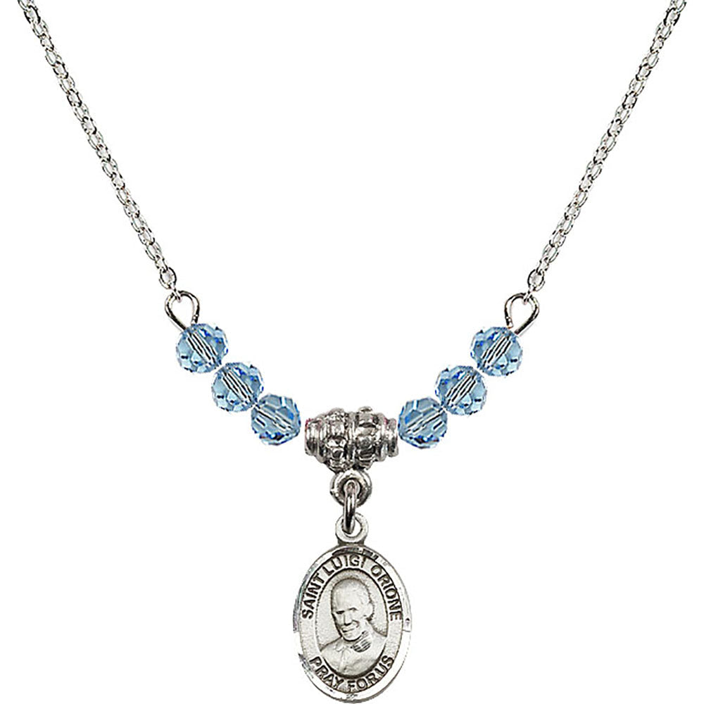 Sterling Silver Saint Luigi Orione Birthstone Necklace with Aqua Beads - 9326