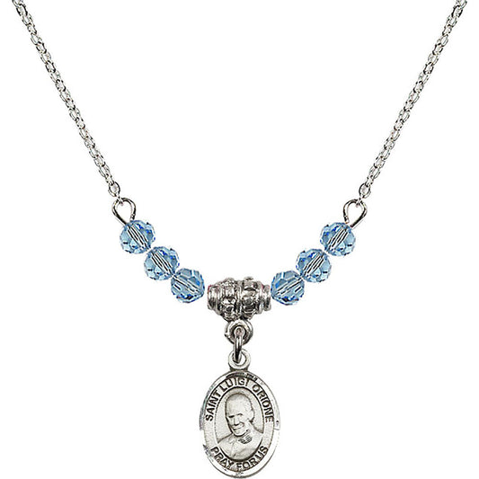 Sterling Silver Saint Luigi Orione Birthstone Necklace with Aqua Beads - 9326