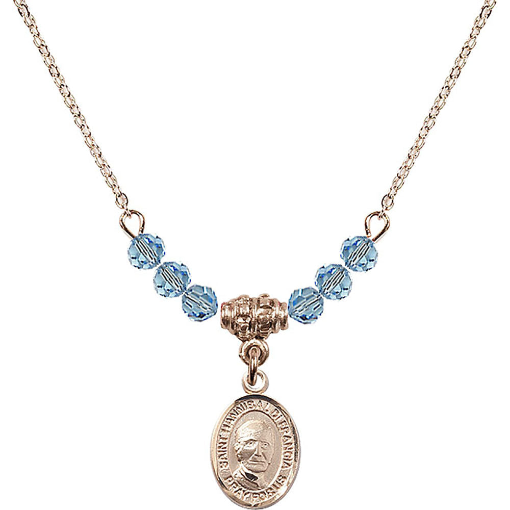 14kt Gold Filled Saint Hannibal Birthstone Necklace with Aqua Beads - 9327
