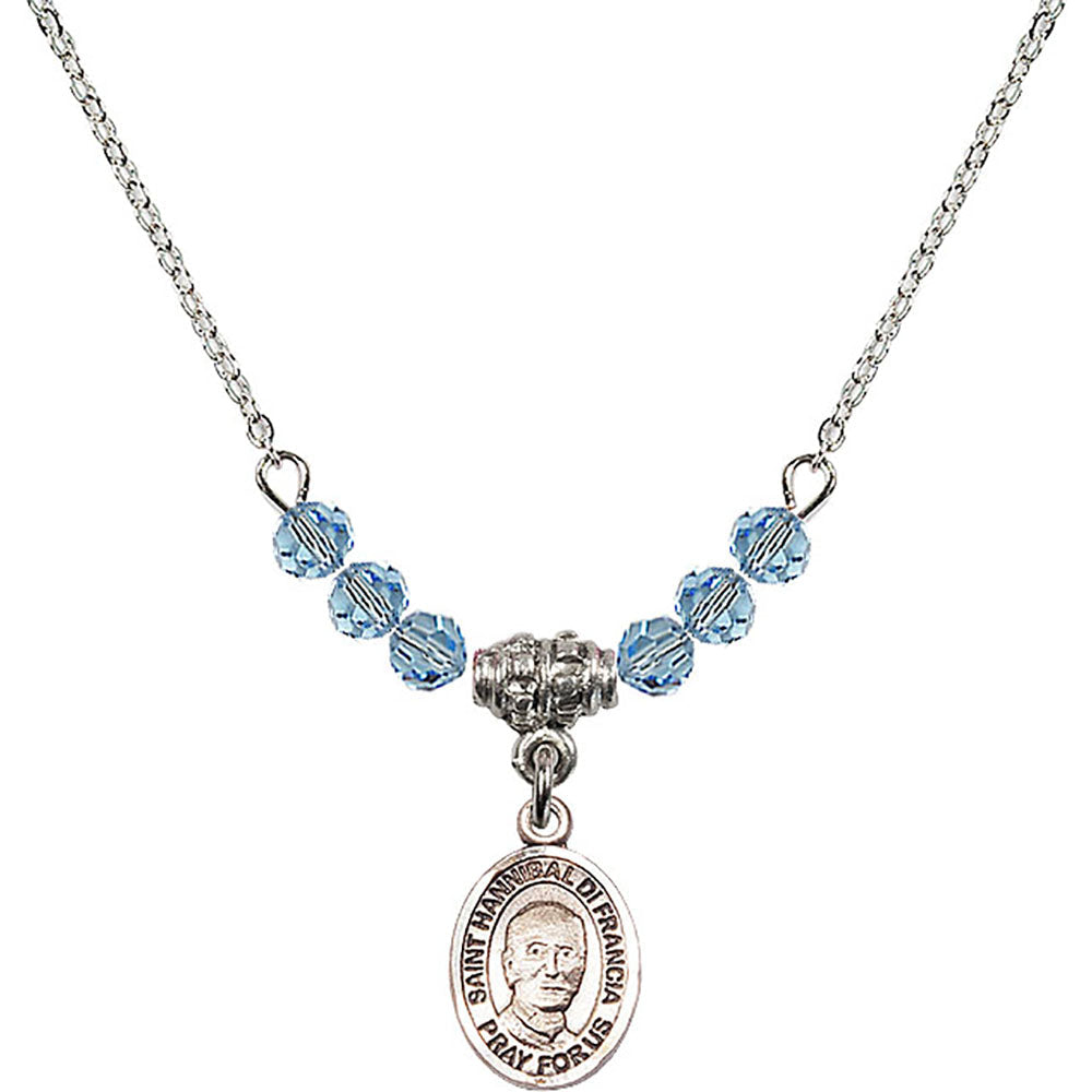 Sterling Silver Saint Hannibal Birthstone Necklace with Aqua Beads - 9327