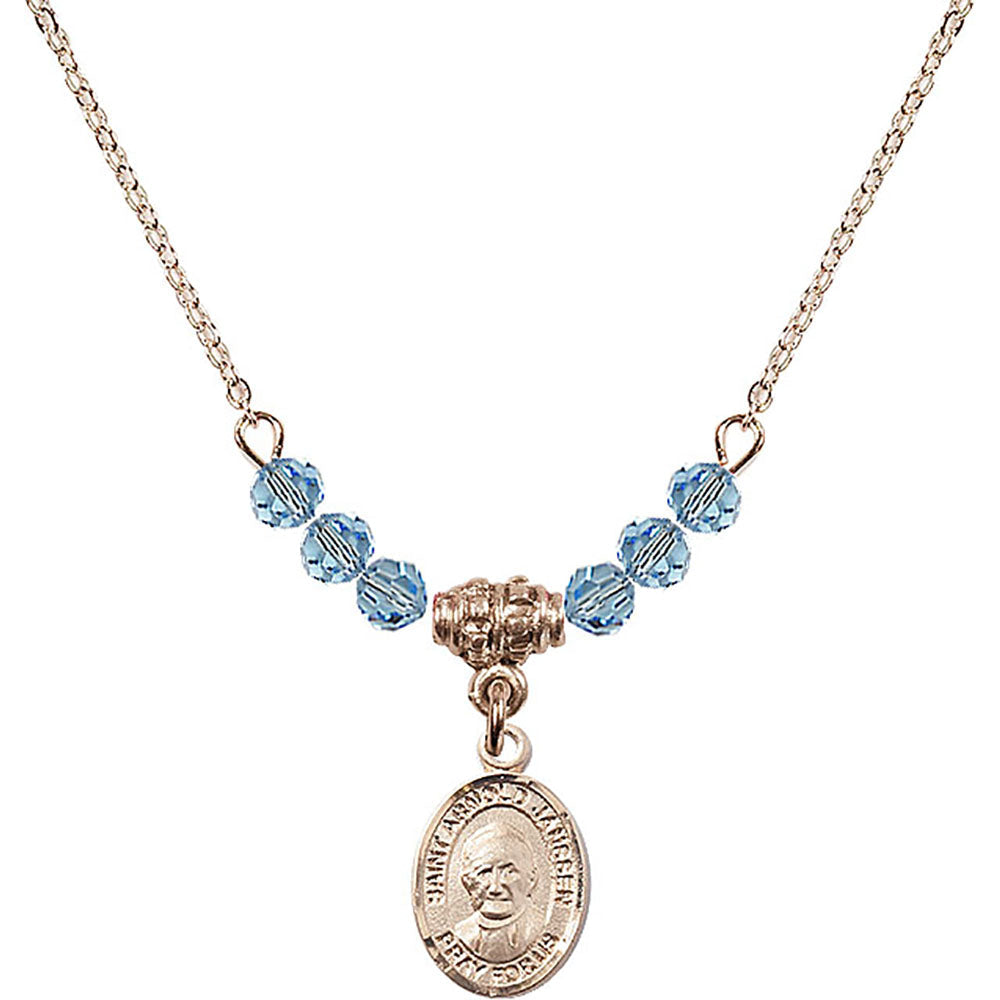 14kt Gold Filled Saint Arnold Janssen Birthstone Necklace with Aqua Beads - 9328