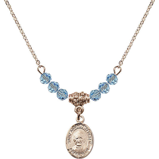 14kt Gold Filled Saint Arnold Janssen Birthstone Necklace with Aqua Beads - 9328