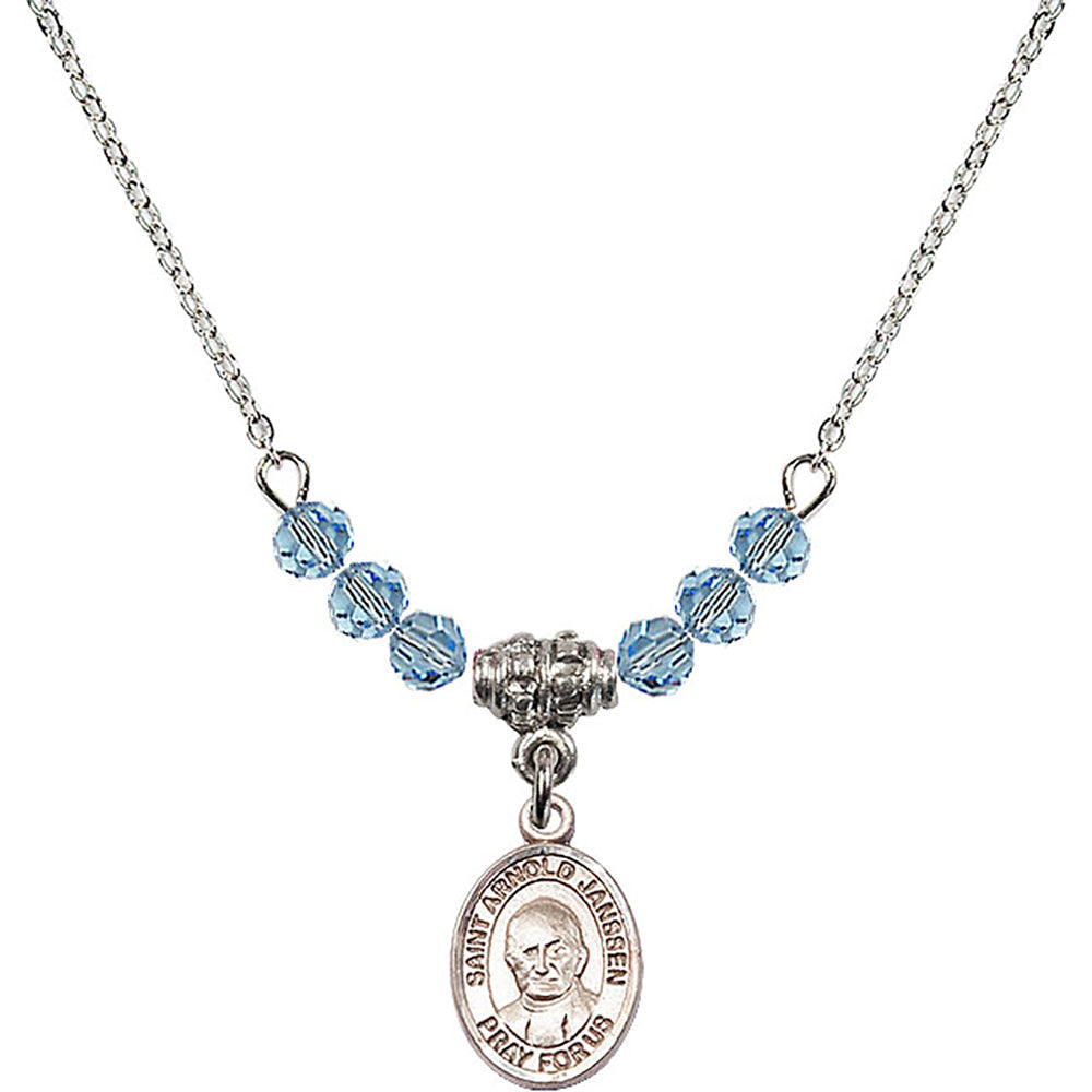Sterling Silver Saint Arnold Janssen Birthstone Necklace with Aqua Beads - 9328