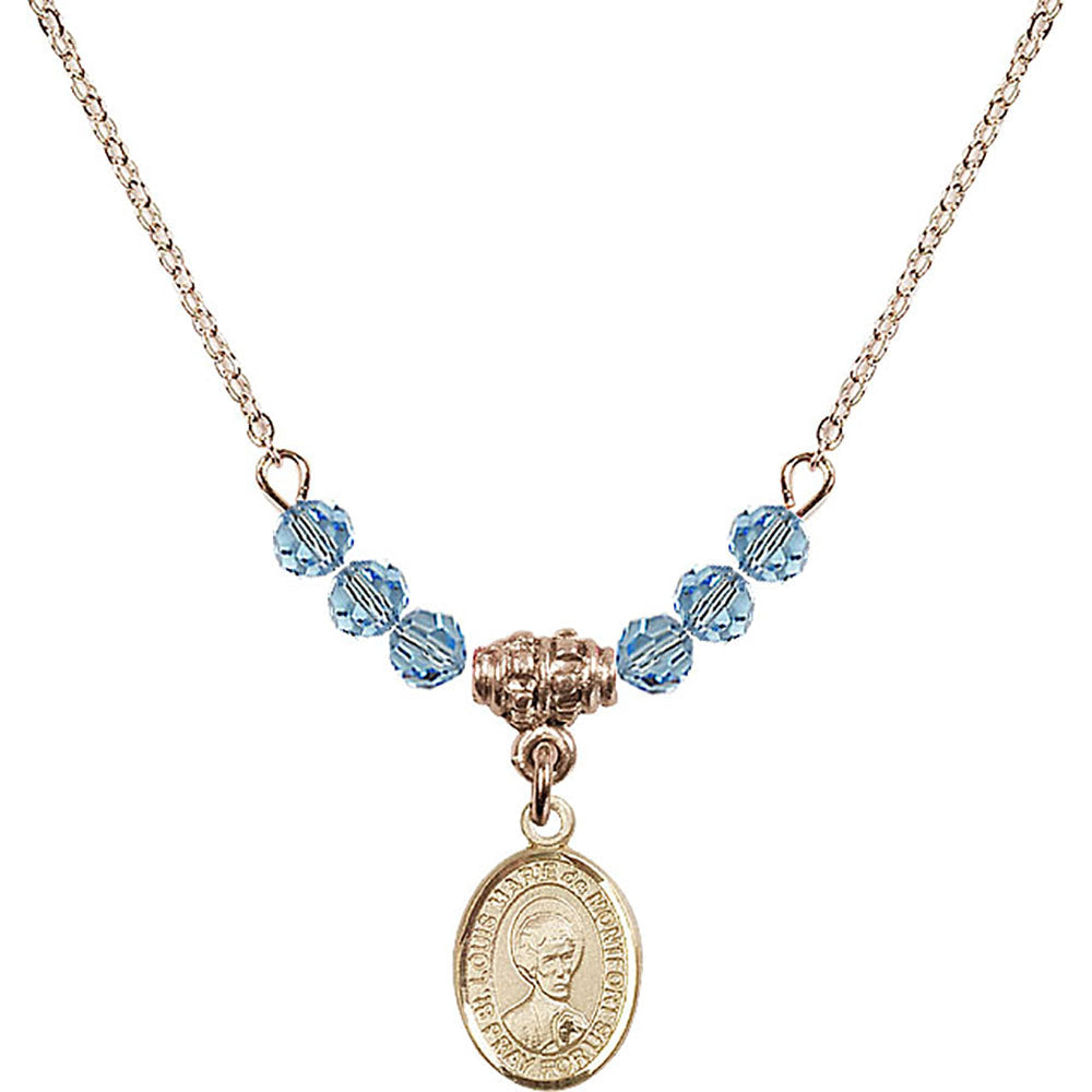 14kt Gold Filled Saint Louis Marie de Montfort Birthstone Necklace with Aqua Beads - 9330