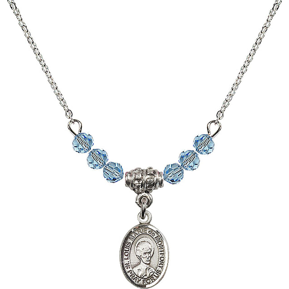 Sterling Silver Saint Louis Marie de Montfort Birthstone Necklace with Aqua Beads - 9330