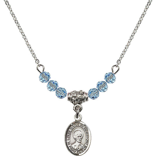Sterling Silver Saint Louis Marie de Montfort Birthstone Necklace with Aqua Beads - 9330