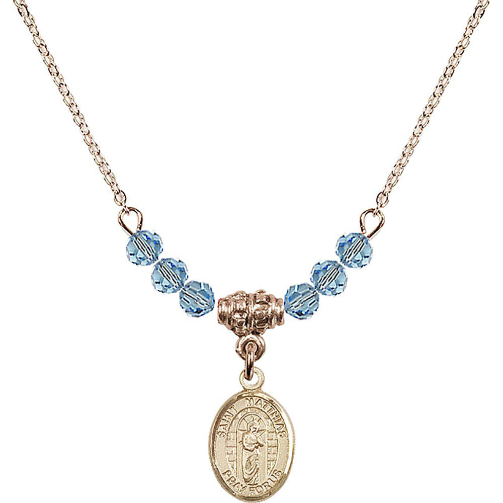 14kt Gold Filled Saint Matthias the Apostle Birthstone Necklace with Aqua Beads - 9331