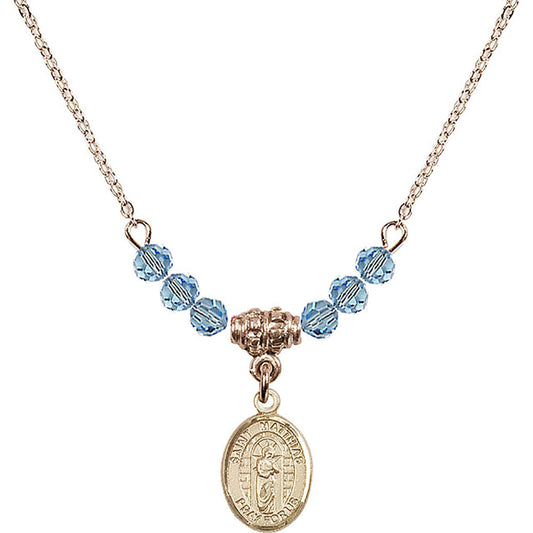14kt Gold Filled Saint Matthias the Apostle Birthstone Necklace with Aqua Beads - 9331