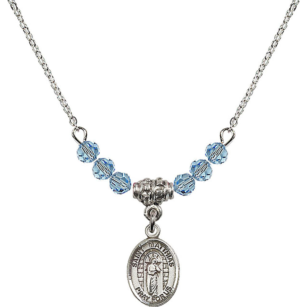 Sterling Silver Saint Matthias the Apostle Birthstone Necklace with Aqua Beads - 9331