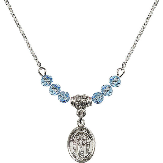 Sterling Silver Saint Matthias the Apostle Birthstone Necklace with Aqua Beads - 9331