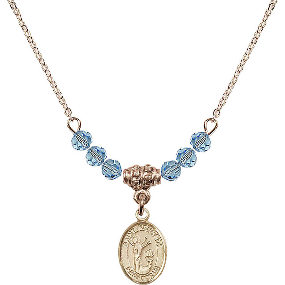 14kt Gold Filled Saint Kenneth Birthstone Necklace with Aqua Beads - 9332