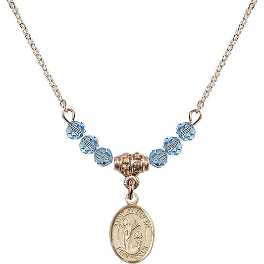 14kt Gold Filled Saint Kenneth Birthstone Necklace with Aqua Beads - 9332