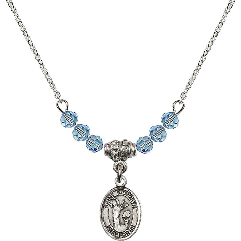Sterling Silver Saint Kenneth Birthstone Necklace with Aqua Beads - 9332