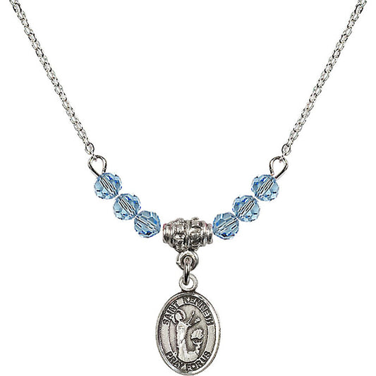 Sterling Silver Saint Kenneth Birthstone Necklace with Aqua Beads - 9332