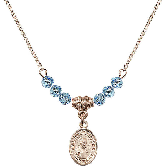 14kt Gold Filled Saint Edmund Campion Birthstone Necklace with Aqua Beads - 9333