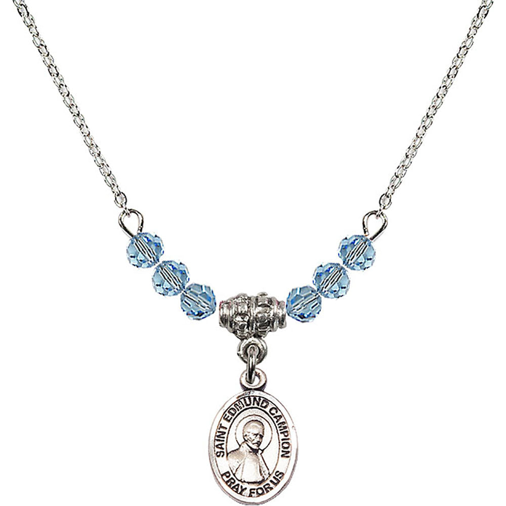 Sterling Silver Saint Edmund Campion Birthstone Necklace with Aqua Beads - 9333