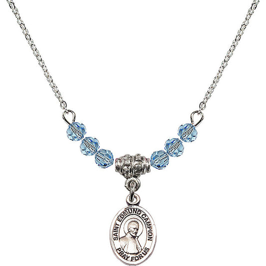 Sterling Silver Saint Edmund Campion Birthstone Necklace with Aqua Beads - 9333
