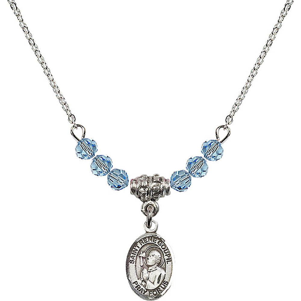 Sterling Silver Saint Rene Goupil Birthstone Necklace with Aqua Beads - 9334