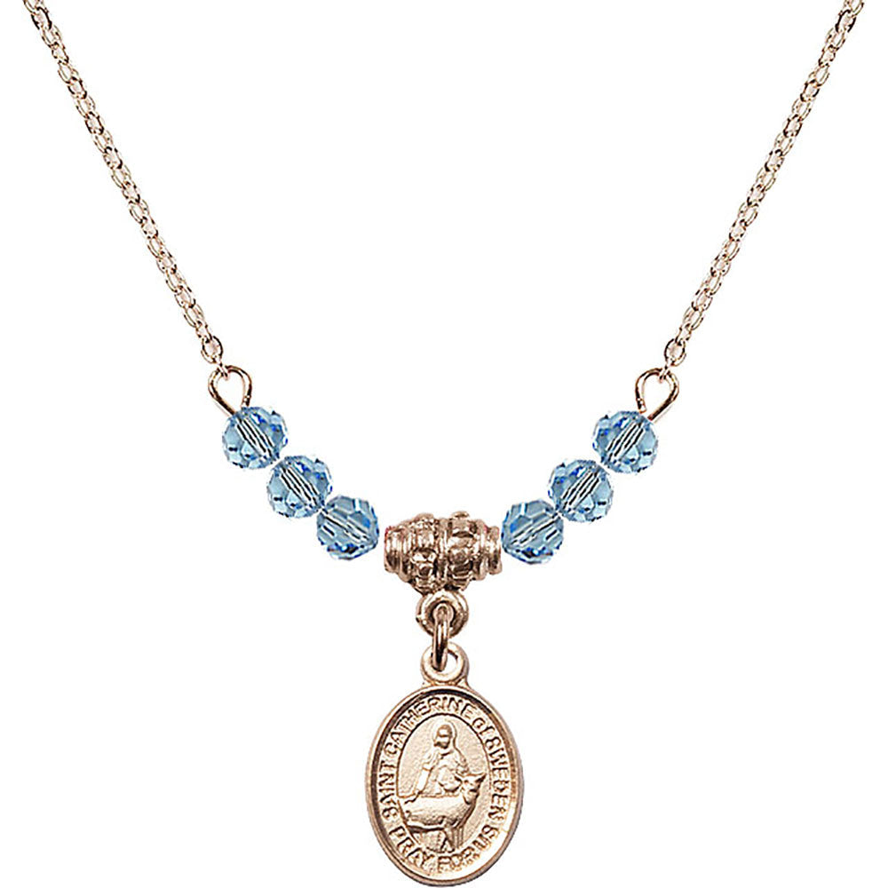 14kt Gold Filled Saint Catherine of Sweden Birthstone Necklace with Aqua Beads - 9336