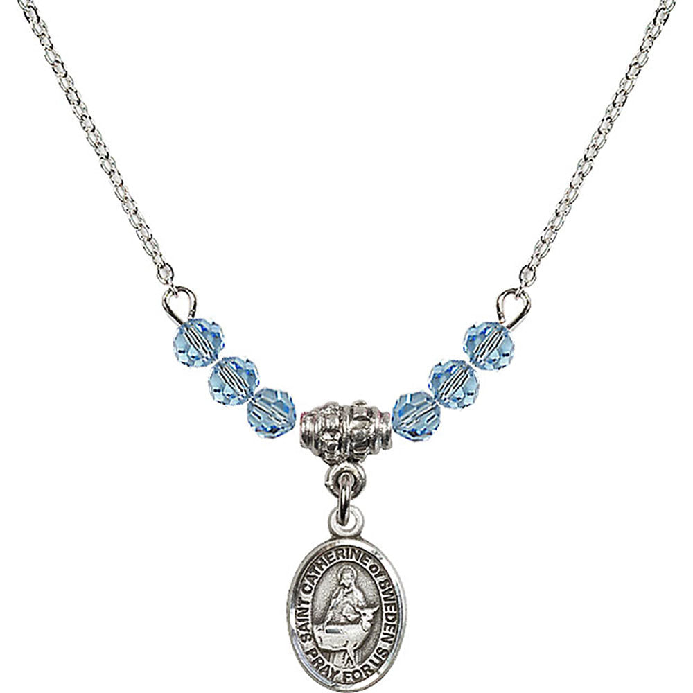 Sterling Silver Saint Catherine of Sweden Birthstone Necklace with Aqua Beads - 9336