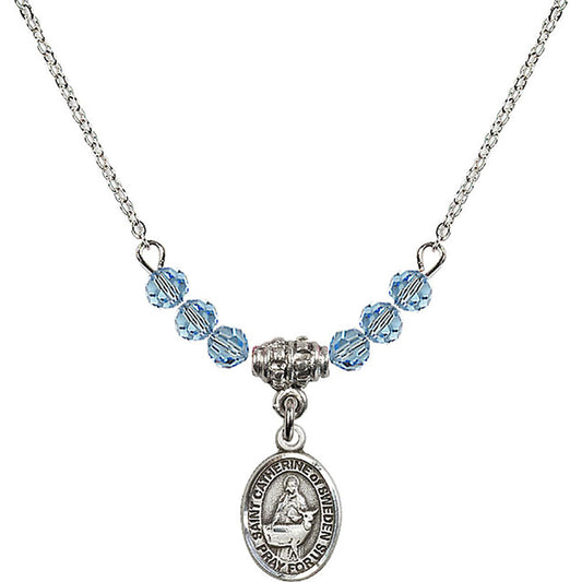 Sterling Silver Saint Catherine of Sweden Birthstone Necklace with Aqua Beads - 9336