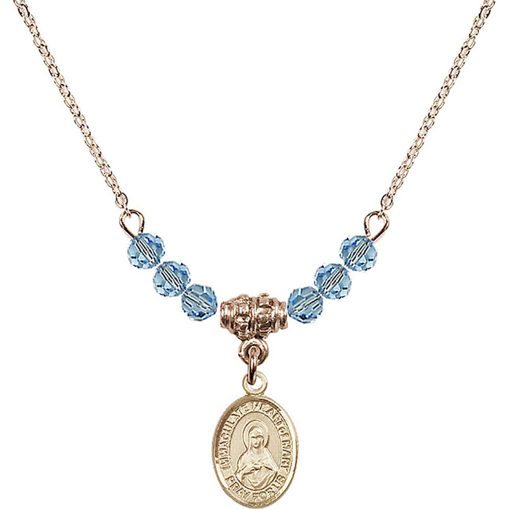 14kt Gold Filled Immaculate Heart of Mary Birthstone Necklace with Aqua Beads - 9337