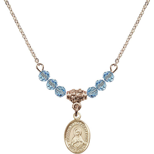 14kt Gold Filled Immaculate Heart of Mary Birthstone Necklace with Aqua Beads - 9337