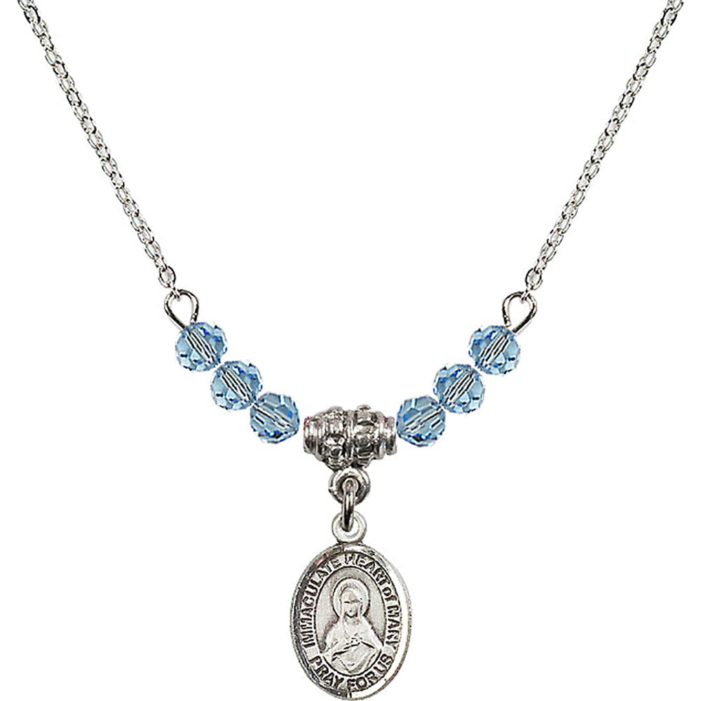 Sterling Silver Immaculate Heart of Mary Birthstone Necklace with Aqua Beads - 9337