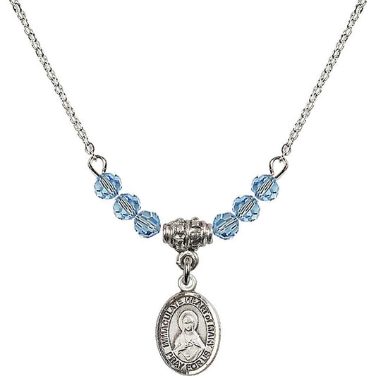 Sterling Silver Immaculate Heart of Mary Birthstone Necklace with Aqua Beads - 9337