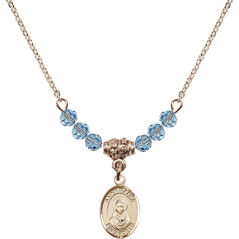14kt Gold Filled Saint Rafka Birthstone Necklace with Aqua Beads - 9338