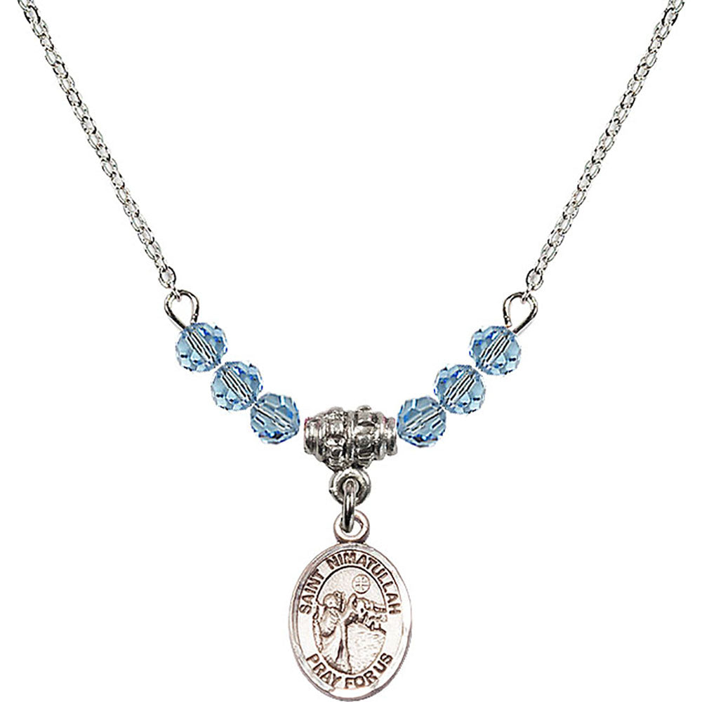Sterling Silver Saint Nimatullah Birthstone Necklace with Aqua Beads - 9339