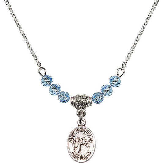 Sterling Silver Saint Nimatullah Birthstone Necklace with Aqua Beads - 9339