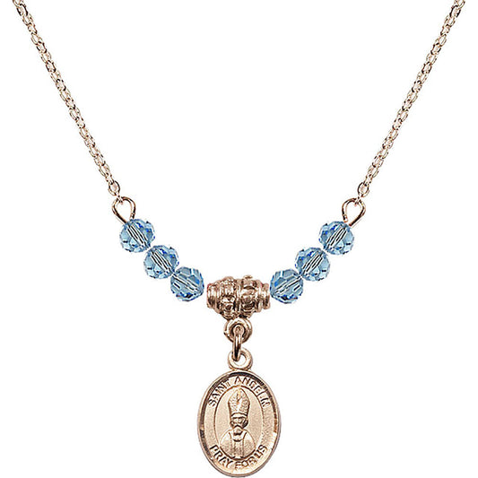 14kt Gold Filled Saint Anselm of Canterbury Birthstone Necklace with Aqua Beads - 9342